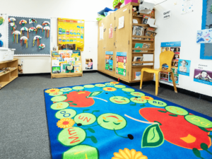 Close up of a brightly colored rug at the McGaw YMCA Children's Center