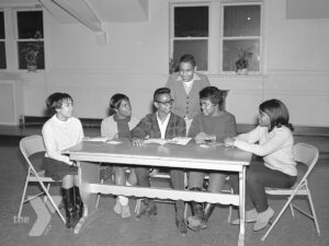 A group of people sitting around a table.