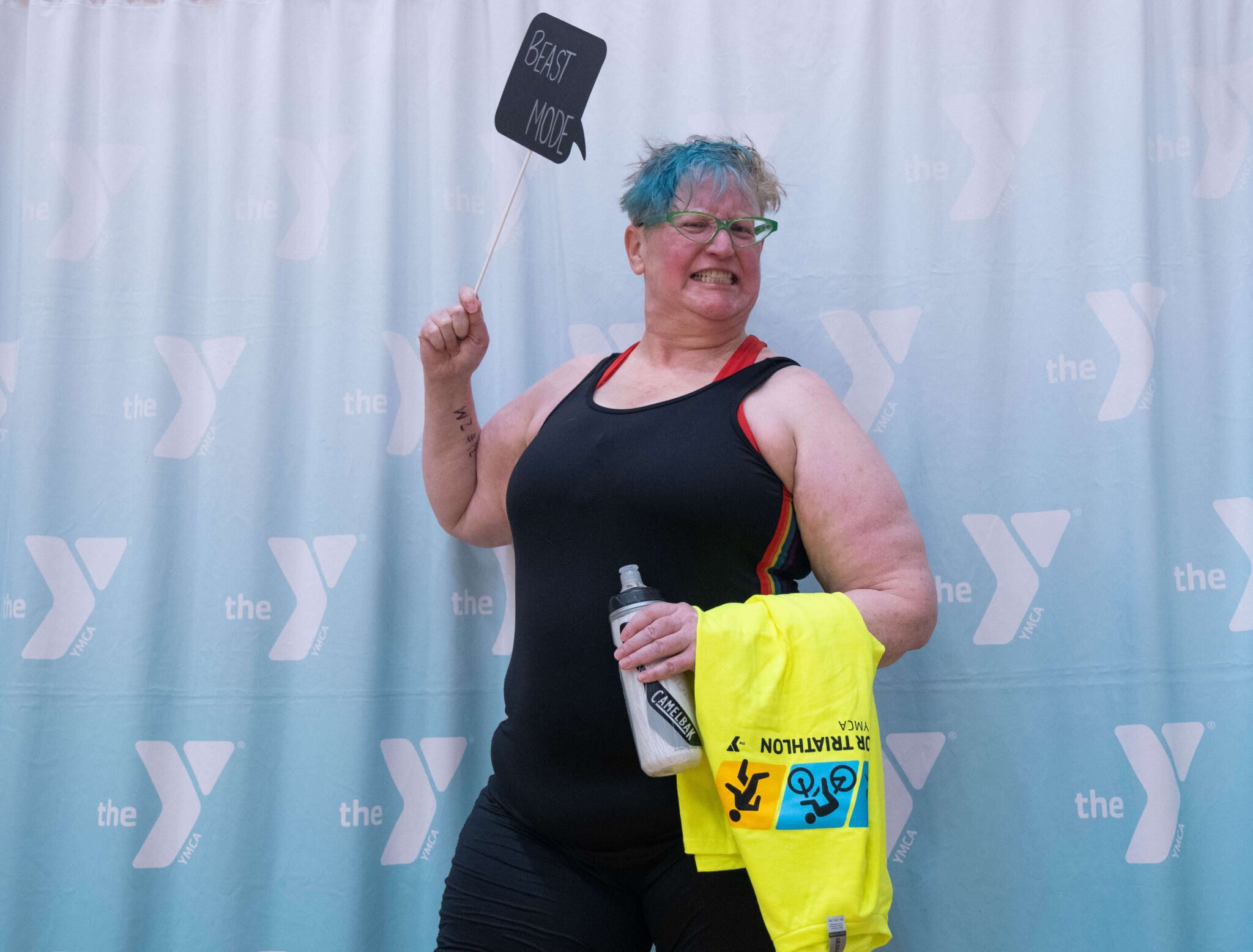 A person smiling after finishing the McGaw Y triathlon