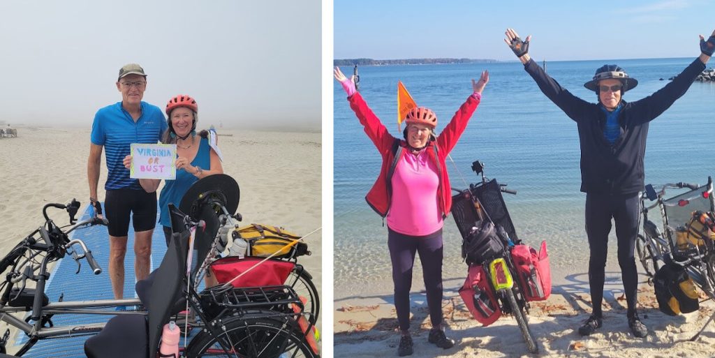 This is a side by side view of Mark and Noreen starting their trip in Oregon and completing the Trail in Virgina.